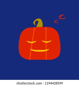 Sleeping halloween pumpkin. Jack-o-lantern Card design in flat style. Vector icon at dark blue background.