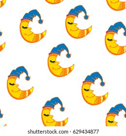Sleeping hand drawn moon. seamless pattern on white background. element for kids room decoraton, wrapping paper, wallpaper.