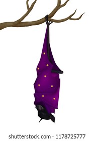 Sleeping, hanging on one leg on tree branch black fruit bat - wizard or magician with purple wings that look like magic cloak with stars. Vector illustration. White background. Halloween character.