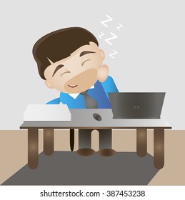 Sleeping happy man on a work place. Flat vector illustration