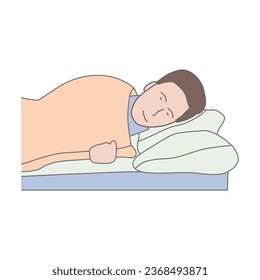 Sleeping happy man vector illustration. Cartoon line isolated portrait of tired asleep male character lying on pillow under comfortable blanket to sleep at night, rest in bedtime of sleepy guy