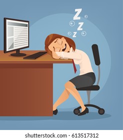 Sleeping happy smiling office worker woman character. Vector flat cartoon illustration
