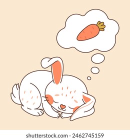 Sleeping hare. Cute bunny sleeps and dreams about carrot. The rabbit fell asleep. Carrot dream. Doodle Trendy flat style cartoon character hares Sweet Dreams isolated Vector illustration