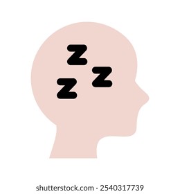 Icono de la cabeza dormida. Cabeza con signo de ronquido zzz. Salud, insomnio, conceptos de descanso. Ilustración aislada de diseño de Vector plano.