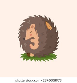 Sleeping hedgehog. Un animal salvaje. Carácter adorable de la vida salvaje. Tarjeta infantil, decoración impresa o infantil. Naturaleza salvaje del otoño. Dibujo vectorial de estilo plano aislado graciosa y espinosa ilustración de mamífero