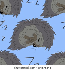 Sleeping hedgehog seamless pattern. Cute animal background. Child drawing style illustration.