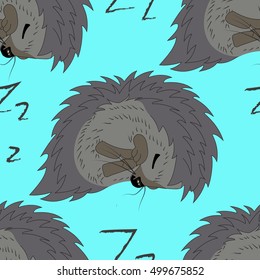 Sleeping hedgehog seamless pattern. Cute animal background. Child drawing style illustration.