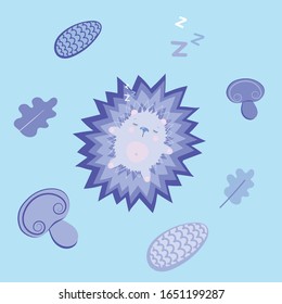 Sleeping hedgehog. Vector image of a sleeping hedgehog with leaves cones and mushrooms.