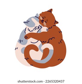 Abrazando durmiendo gatos valentinos. Divertida pareja de gatitos felices enamorados. Adorables kawaii dulces y románticos animales felinos durmiendo juntos, relajándose. Ilustración vectorial plana aislada en fondo blanco