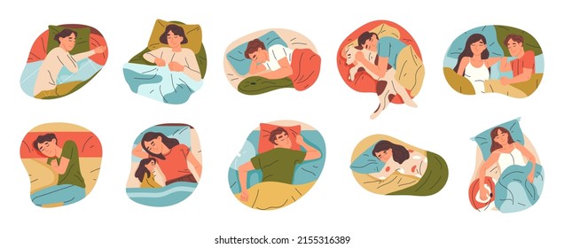 Sleeping Humans, Cartoon People In Beds, Resting, Bedtime Scenes. Couples, Families And Alone Males And Females Sleeping In Beds Vector Illustration Set. Asleep Characters Collection