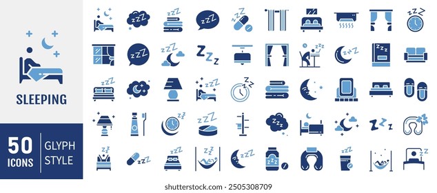 Icon-Set für Ruhezustand. Verbunden mit Schlaf, Schlafzimmer, Traum, Kissen, Bett, Wecker, Schlaflosigkeit, Nacht-und Ruhe-Ikonen. Solide Symbolsammlung.