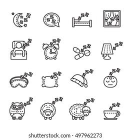 Sleeping icon set. Thin line vector illustration.