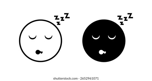 Ícone de repouso definido. Um conjunto de dois ícones emojis de arte de linha simples, um branco e um preto, representando um rosto sonolento com olhos fechados, um ronco adormecido e símbolos de Zzz.