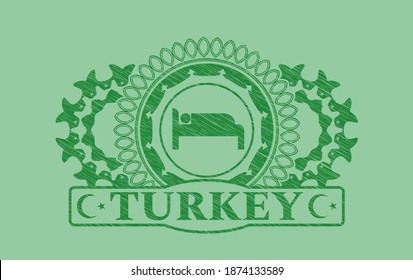sleeping icon and Turkey text Green stroke badge. Eco fancy background. Intense illustration. 