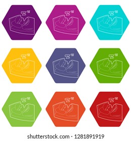 Sleeping icons 9 set coloful isolated on white for web