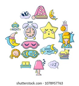 Sleeping icons set. Cartoon illustration of 16 sleeping vector icons for web