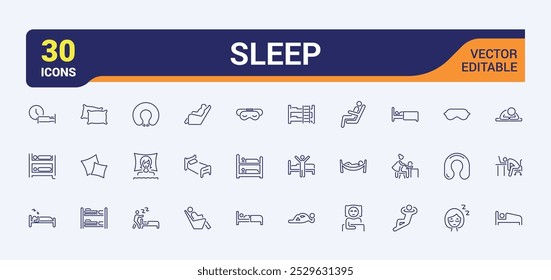 Iconos durmientes. Conjunto de iconos mínimos de sueño. Almohada, cama, hora de acostarse, comodidad, descanso. Colección del ícono de sueño y descanso. Ilustración vectorial. 