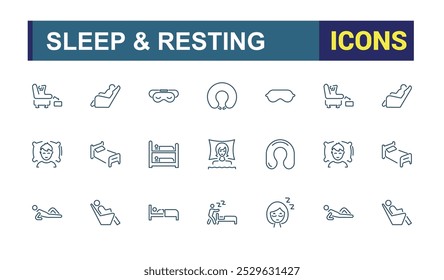 Iconos durmientes. Conjunto de iconos mínimos de sueño. Almohada, cama, hora de acostarse, comodidad, descanso. Colección del ícono de sueño y descanso. Ilustración vectorial. 