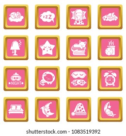 Sleeping icons set vector pink square isolated on white background 