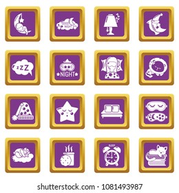 Sleeping icons set vector purple square isolated on white background 
