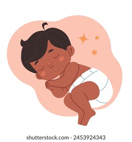 Sleeping Indian baby in diaper on abstract background. Newborn has sweet dream. Cute infant.