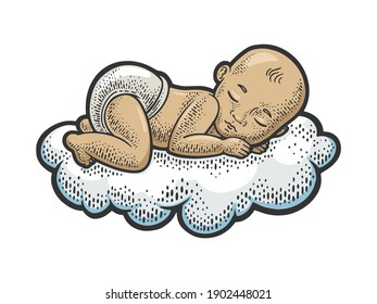 sleeping infant baby child on cloud color sketch engraving vector illustration. T-shirt apparel print design. Scratch board imitation. Black and white hand drawn image.