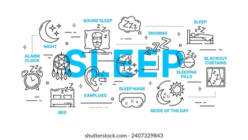 Infografías durmientes del sueño saludable y de la hora de acostarse con iconos de contorno vectorial. Consejos de línea delgada para el sueño y el reposo del cuerpo para los audífonos, las cortinas de máscara de sueño o de apagón y el reloj despertador, ronquidos y oscilaciones