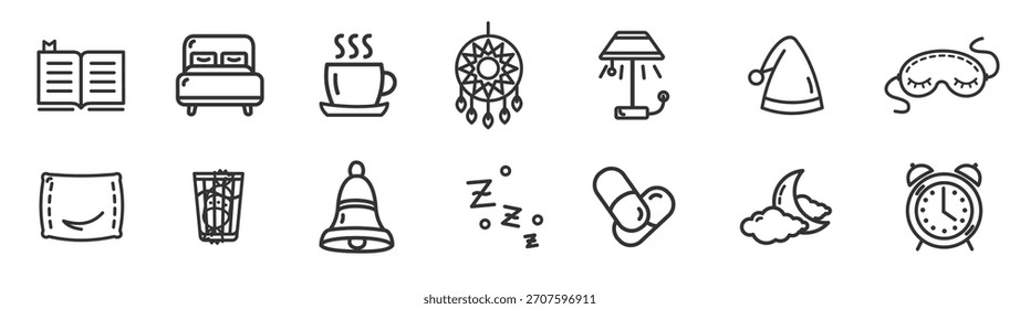 Vector de conjunto de iconos de línea delgada negra de insomnio dormido