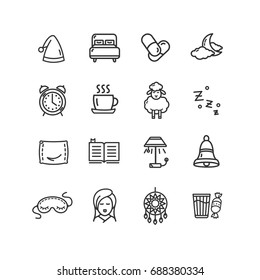 Sleeping and Insomnia Black Thin Line Icon Set for Web and App. Vector illustration