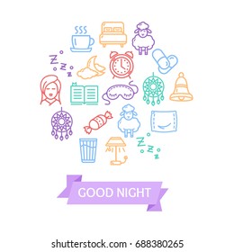 Sleeping and Insomnia Color Round Design Template Line Icon Concept Comfort Rest. Vector illustration