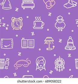Sleeping and Insomnia Pattern Background on a Purple Concept Relaxation or Problem Bedtime. Vector illustration