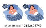 Sleeping and insomnia. Young girl lying on bed with open eyes and internal problems against character who sleeping. Metaphor for mental health and recuperation. Cartoon flat vector illustration