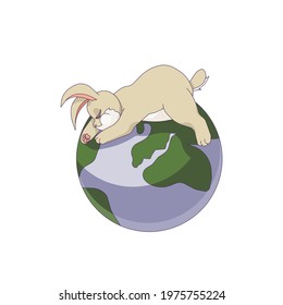 Sleeping isolated baby rabbit and the planet Earth in Cartoon style, cute rabbit has a nap on the Earth on white isolated background for prints, stickers, patterns, postcards, social media decoration.