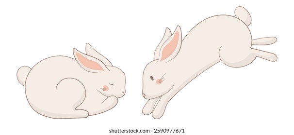 Sleeping and jumping bunny icon. One rabbit is peacefully sleeping, while the other leaps through the air. A soft and elegant animal illustration combining rest and motion