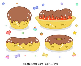 Sleeping kawaii pastry with chocolate topping such as muffin, strawberry tart, donut and eclair (set of four illustrations)
