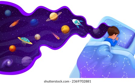 Niño durmiendo en la cama con planetas espaciales de galaxia sueña y cohetes en el cielo, fondo vectorial. Los niños duermen en la cama con constelación de estrellas y soñando con la nave espacial y el OVNI alienígena en el mundo de la fantasía galáctica