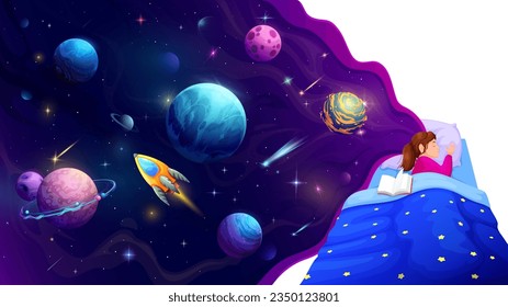 Sleeping kid girl and galaxy space background. Cartoon vector sweet little child sleep lies on soft pillow and sees magical dreams about planets, stars and satellites. Rest and relaxation at night