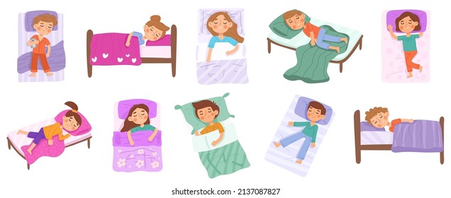 Sleeping kids, baby bedtime, little child napping characters. Kindergarten nap time, boys and girls sleep in beds vector illustration set. Children dream time, sleep night bedtime and resting