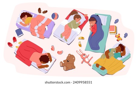 Sleeping Kids Characters. In The Cozy Kindergarten Room, Little Ones Peacefully Rest On Mats, Snuggled In Blankets, Serene Bedtime Atmosphere in Elementary Class. Cartoon People Vector Illustration