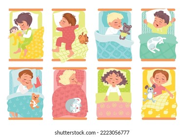 Sleeping kids. Little children lying in beds. Boys and girls slumbering in different poses top view. Bedding linen. Cozy pajamas. Kindergarten quiet hour. Night rest