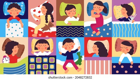 Sleeping kids. Peaceful childhood, kid sleep in home bed. Bedtime, cartoon children dreaming with toys, sleepy child. Baby rest decent vector concept