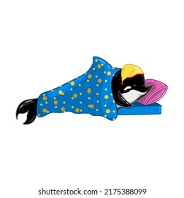 sleeping killer whale character. black baby orca in bed cartoon illustration isolated on white. lovely underwater wild sea animal. shark dolphin funny personage for stiker, poster card, mascote design