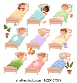 Sleeping kindergarten. Tired boys and girls little kids in beds quiet hour casual daytime vector characters