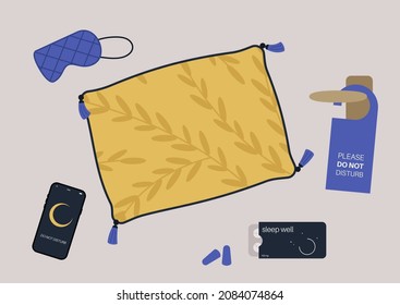 Sleeping Kit, A Silk Pillow With A Floral Print And Tassels, A Mobile Phone In A Night Mode, A Do Not Disturb Doorknob Paper Tag, A Pack Of Pills, And A Pair Of Earplugs