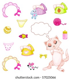 Sleeping kitten and its accessories with label for text or object