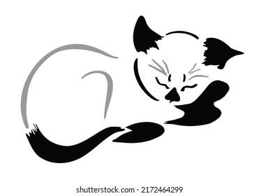 Dibujando gatito durmiendo. Dibujo en blanco y negro. Dibujo vectorial de una ilustración de gato.