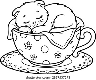 Sleeping kitten inside polka dot floral teacup on saucer line art