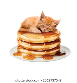 Sleeping Kitten on Pancakes Plate Graphic Vector