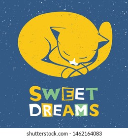 Sleeping kitten original design. Can be used for poster, greeting card, baby products, birthday party, invitation vector Illustration. Vector illustration
