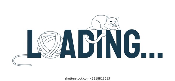 Sleeping kitten and yarn ball monochrome loading text. Web loader ui flat design. Black and white progress bar. Graphical user interface. Outline cartoon vector illustration on white background